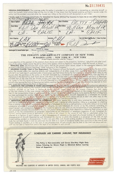 Redd Foxx of ''Sanford & Son'' Signed Airline Trip Insurance Policy From 1964 -- 8.5'' x 11'' -- Near Fine Condition -- From Redd Foxx Estate