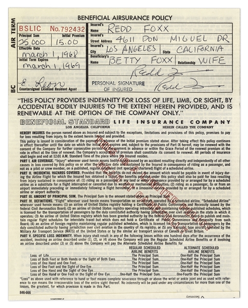 Redd Foxx of ''Sanford & Son'' Signed Airsurance Policy From 1968 -- 8.5'' x 11'' -- Near Fine Condition -- From Redd Foxx Estate