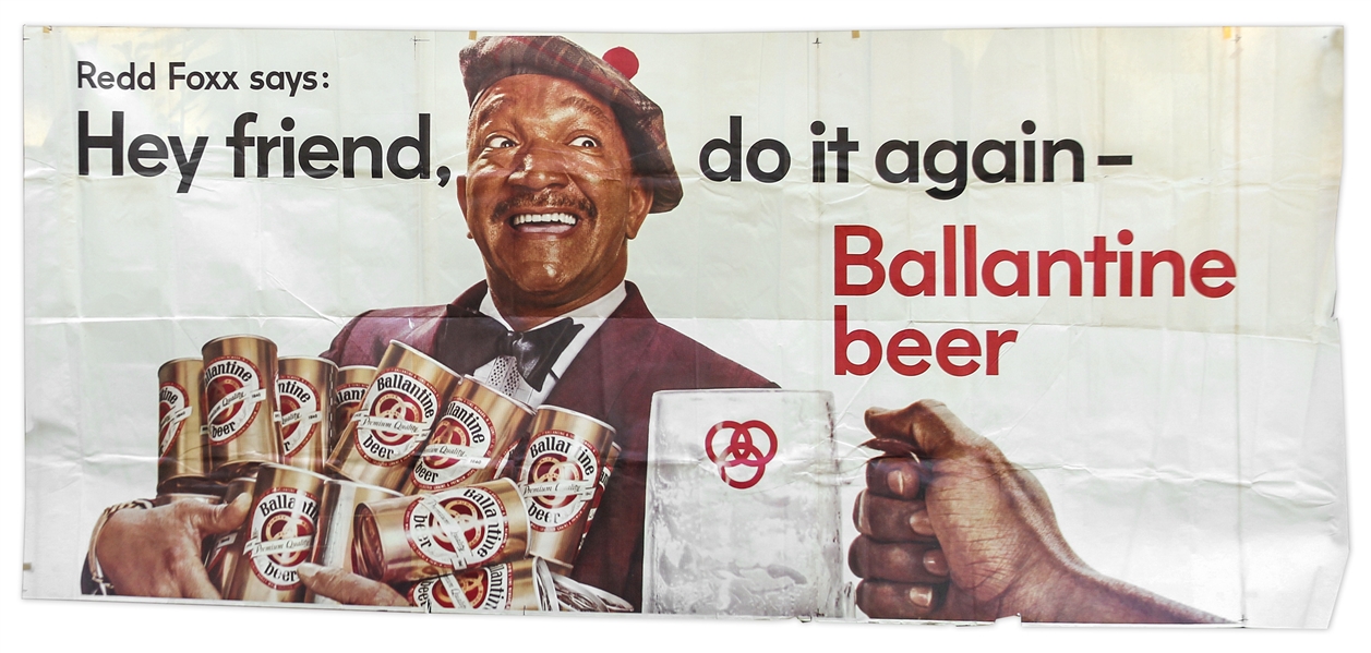 Large Ballantine Beer Poster Featuring Redd Foxx from ''Sanford & Son'' -- 130'' x 58'' -- Good Condition With Creasing, Tape Repair & Chipping -- From Redd Foxx Estate