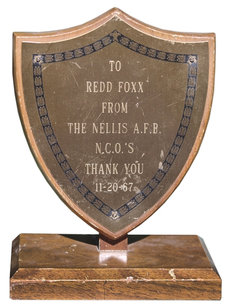 Nellis Air Force Base Award Given to Redd Foxx of ''Sanford & Son'' in 1967 -- 7.75'' Tall, 5.5'' x 3.5'' x 0.75'' Base -- Loose Plaque, Very Good Condition -- From Redd Foxx Estate