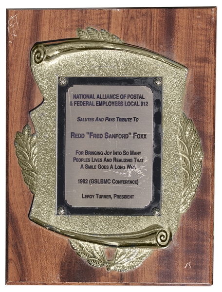Redd Foxx Award -- 9'' x 12'' Plaque Given by National Alliance of Postal & Federal Employees ''For Bringing Joy Into So Many People's Lives'' -- Good Condition -- From Redd Foxx Estate
