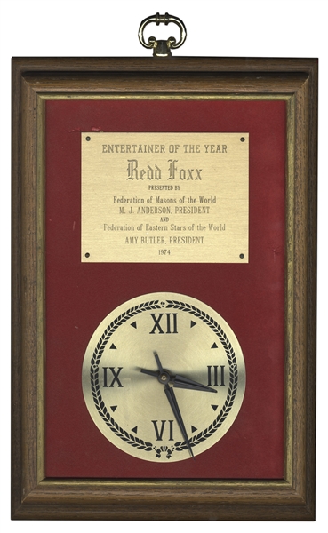 Federation of Masons Entertainer of the Year Clock Award Given to Redd Foxx in 1974 -- Wood & Metal, 11.5'' x 16'' x 1.5'' -- Very Good Condition -- From Redd Foxx Estate