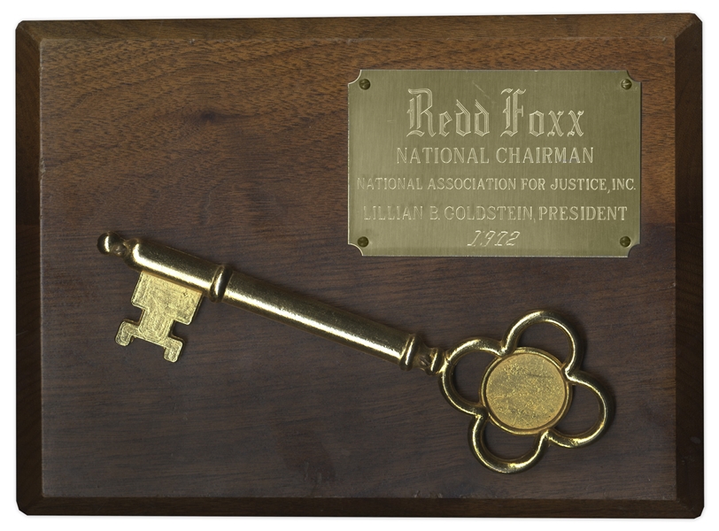 Redd Foxx Commemorative Key and Plaque -- 10'' x 8'' Plaque Awarded in 1972 by National Association For Justice -- Light Scratching to Wood, Else Near Fine -- From Redd Foxx Estate
