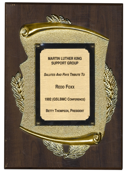 Redd Foxx's Martin Luther King Support Group Plaque -- Awarded During 1992 Greater St. Louis Black Media Coalition Conference -- 9'' x 12'' Plaque -- Very Good to Near Fine