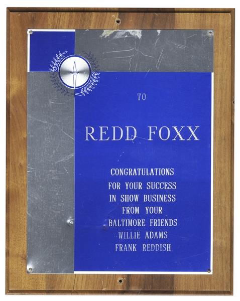Redd Foxx Plaque -- ''Congratulations For Your Success In Show Business From Your Baltimore Friends'' -- 10.5'' x 13'' Wooden Plaque, in Very Good Condition -- From Redd Foxx Estate