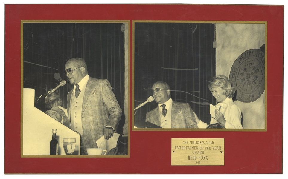 Redd Foxx ''Entertainer of the Year Award'' From The Publicists Guild -- Two Candid Photos of Foxx at 1975 Awards Ceremony -- 21'' x 12.5'' -- Very Good Condition -- From Redd Foxx Estate