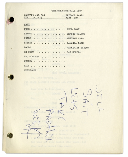 ''Sanford & Son'' Season 4, Episode 24 Script Owned by Redd Foxx, With Humorous Note by Him Written on First Page -- 41 Pages, Missing Cover -- Very Good Condition -- From Redd Foxx Estate