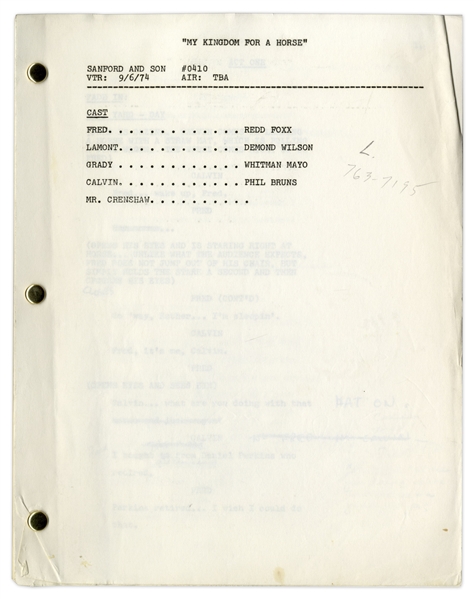 ''Sanford & Son'' Season 4, Episode 8 Script Owned & Annotated by Redd Foxx -- 37 Pages, With Missing Cover -- Very Good Condition -- From Redd Foxx Estate