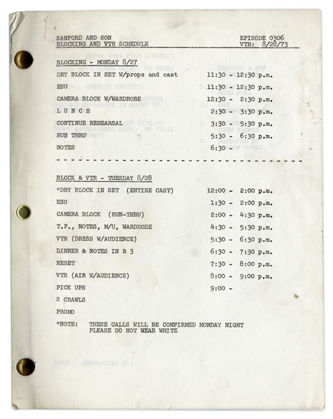 ''Sanford & Son'' Script & Rehearsal Schedule From 1973 Owned by Redd Foxx -- 47 Pages, Missing Cover -- Very Good Condition -- From Redd Foxx Estate