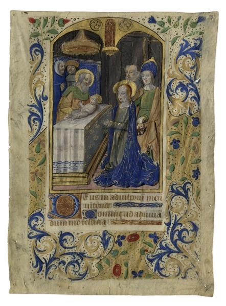 15th Century Hand-Painted Manuscript Page From ''Book of Hours'' -- Illustrates Presentation of Jesus Christ
