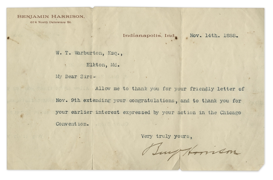 Benjamin Harrison Typed Letter Signed as President-Elect in November 1888