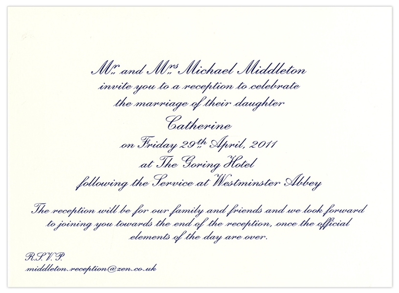 Prince William and Kate Middleton Wedding Reception Invitation -- Private Party Reception Hosted by Kate's Family