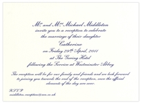 Prince William and Kate Middleton Wedding Reception Invitation -- Private Party Reception Hosted by Kates Family