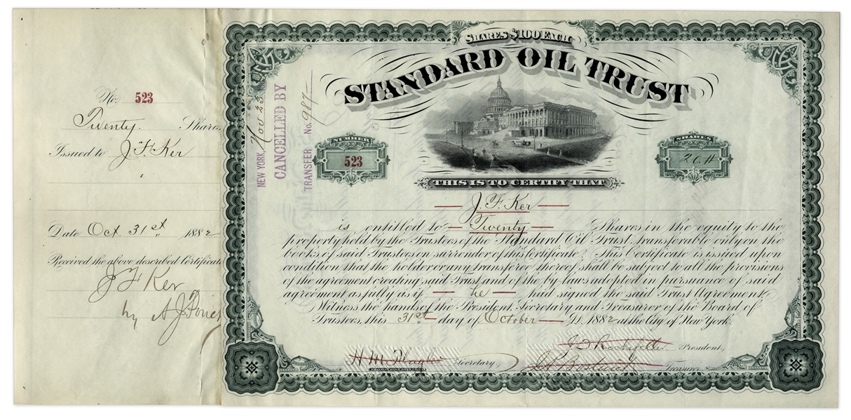 John D. Rockefeller Signed Stock Certificate for Standard Oil Trust -- Signed by Rockefeller as President in 1882