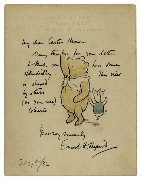 Ink and Watercolor Drawing by E.H. Shepard of Winnie-the-Pooh & Piglet -- Extraordinarily Scarce Drawing by Shepard of the Most Famous Children's Character -- With Provenance From Sotheby's