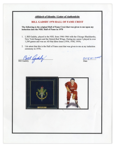 Bill Gadsby's Hockey Hall of Fame Induction Crest From 1970 -- With Signed LOA from Gadsby