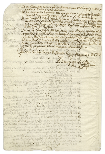 Saint Junipero Serra Autograph Letter Signed -- Serra Writes to His Viceroy, Requesting Items ...for San Diego Mission in Upper California, which was plundered and burned...