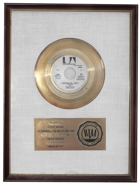 Don McLean's ''American Pie'' RIAA Gold Record -- Presented to Grammy Award Winning Master Sound Engineer George Marino & From His Estate