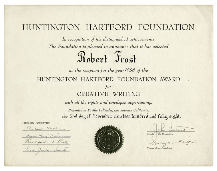 Robert Frost's 1958 Creative Writing Award From the Huntington Hartford Foundation -- Awarded To Influential Writers, Artists, Composers