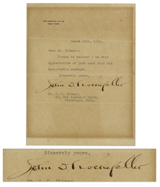 John D. Rockefeller Typed Letter Signed From 1915 -- Rockefeller Sends a Note After His Wife of 50 Years Passes
