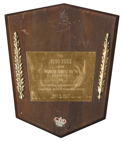 Award Given to Redd Foxx of ''Sanford & Son'' From Medinah Temple No. 39 on 9 May 1972 -- Wood & Metal, 11'' x 14'' x 0.75'' -- Good Condition -- From Redd Foxx Estate