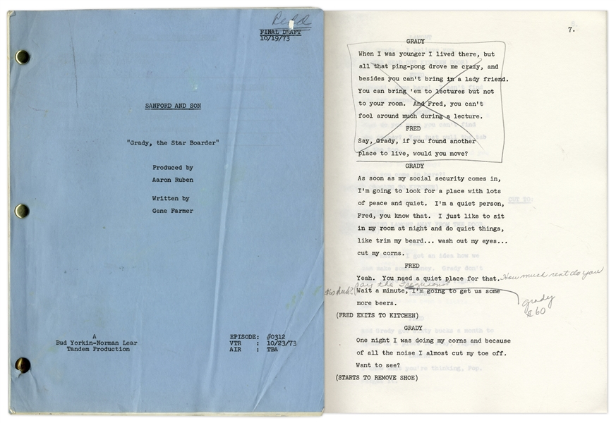 ''Sanford & Son'' Season 3, Episode 12 Final Draft Script Owned & Annotated by Redd Foxx -- 44 Pages -- Very Good Condition -- From Redd Foxx Estate