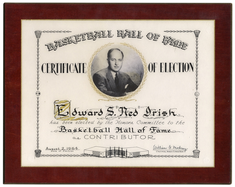 Edward S. ''Ned'' Irish's 1964 Basketball Hall of Fame Induction Plaque -- Founder of the New York Knicks