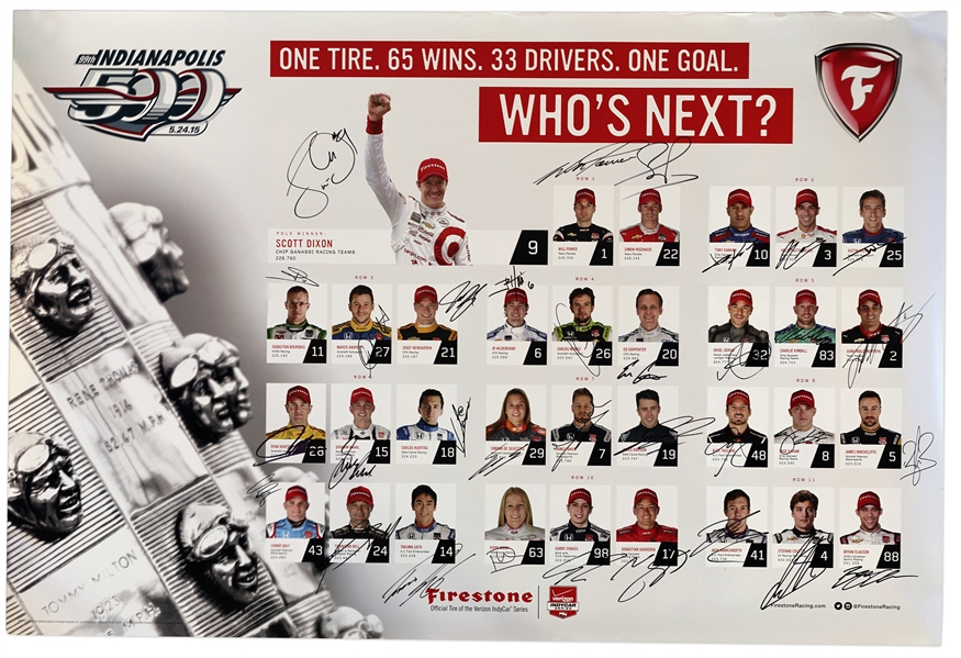 2015 Indy 500 Line-Up Poster Signed by All 33 Drivers -- Includes Champions Juan Pablo Montoya, Tony Kanaan & Ryan Hunter-Reay