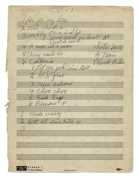 Rock n' Roll Hall of Famer, Louis Jordan AMQS & Set List -- Autograph Musical Quotation Signed (AMQS) Is for ''Ain't Nobody Here But Us Chickens'', the Number One Single