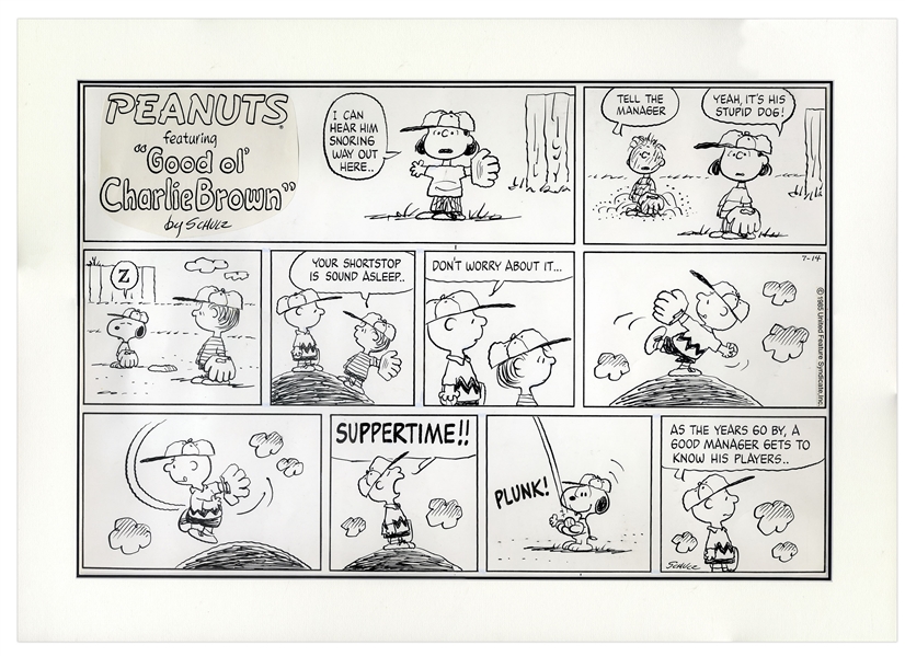 Charles Schulz Hand-Drawn Sunday ''Peanuts'' Strip From 1985 -- Baseball Strip Featuring Charlie Brown & Snoopy
