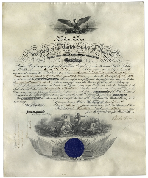 Woodrow Wilson 1914 Naval Commission Signed as President