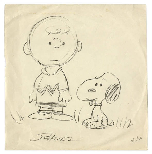 Charles Schulz Hand-Drawn & Signed Peanuts Illustration From 1956 Featuring Charlie Brown & Snoopy -- Measures 10 x 10