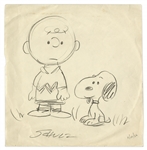 Charles Schulz Hand-Drawn & Signed Peanuts Illustration From 1956 Featuring Charlie Brown & Snoopy -- Measures 10 x 10