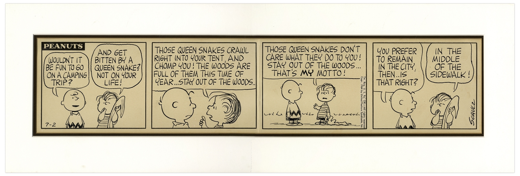 Charles Schulz Hand-Drawn Peanuts Comic Strip -- Featuring Charlie Brown & Linus Holding His Blanket