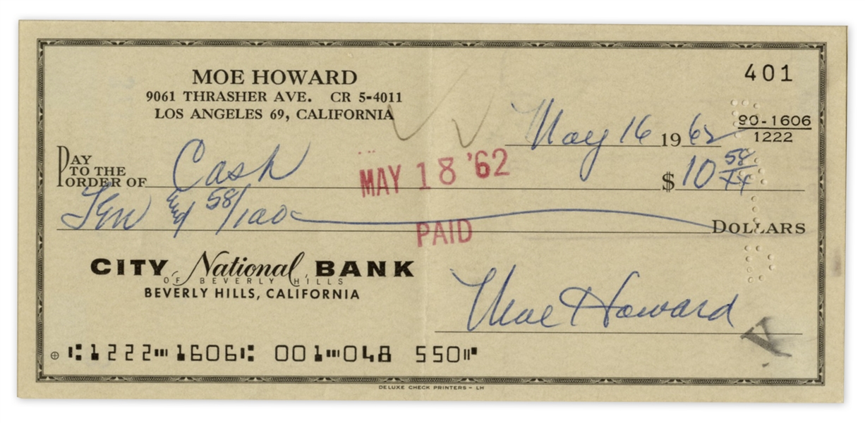 Moe Howard Signed Check -- Addressed in His Hand