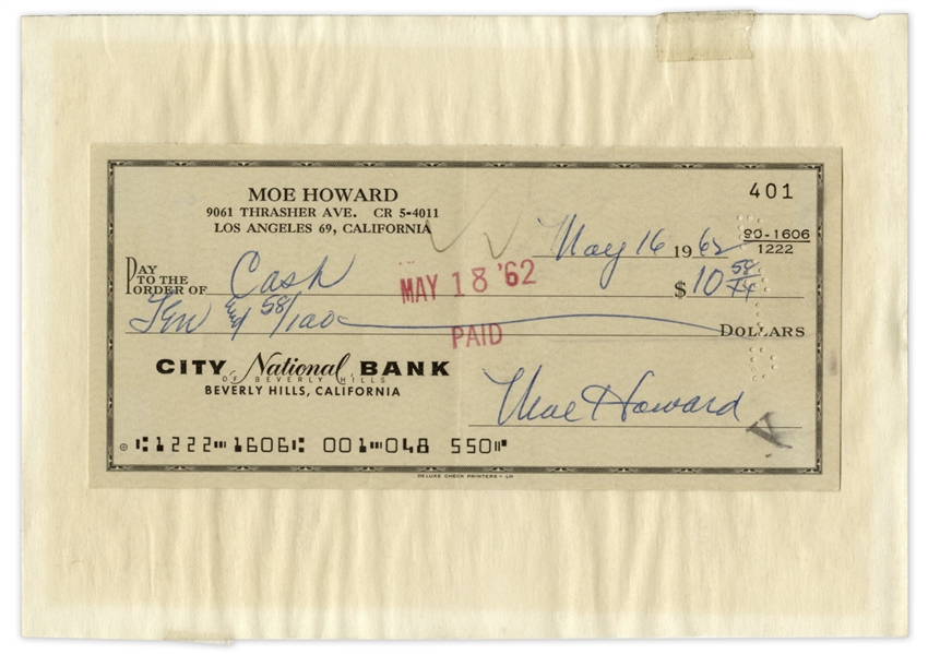 Moe Howard Signed Check -- Addressed in His Hand