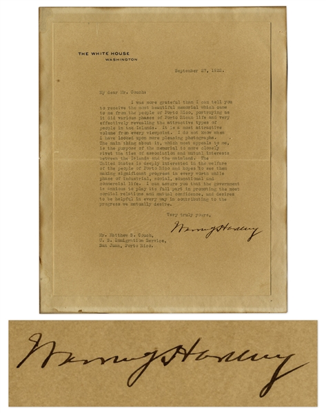 Warren G. Harding 1922 Typed Letter Signed as President Regarding Puerto Rico -- ''...from the people of Porto Rico...effectively revealing the attractive types of people in the Islands...''