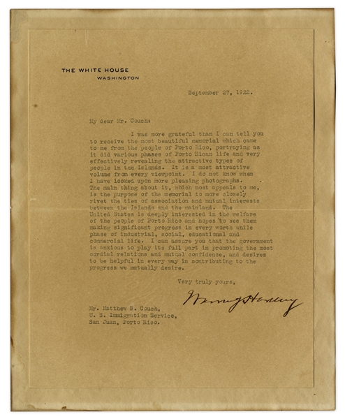 Warren G. Harding 1922 Typed Letter Signed as President Regarding Puerto Rico -- ''...from the people of Porto Rico...effectively revealing the attractive types of people in the Islands...''