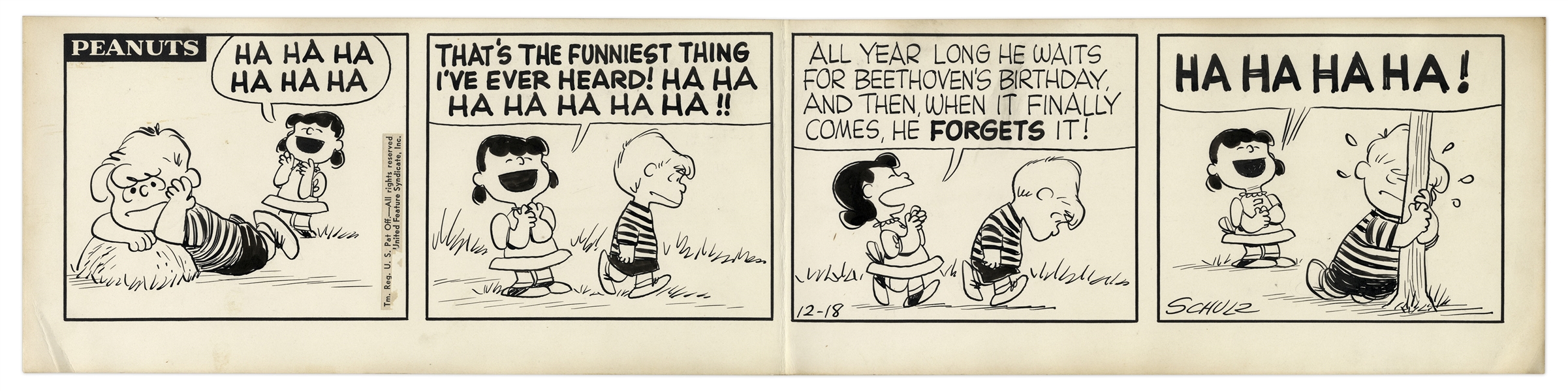 1957 ''Peanuts'' Comic Strip Hand-Drawn by Charles Schulz -- Featuring Lucy & Schroeder