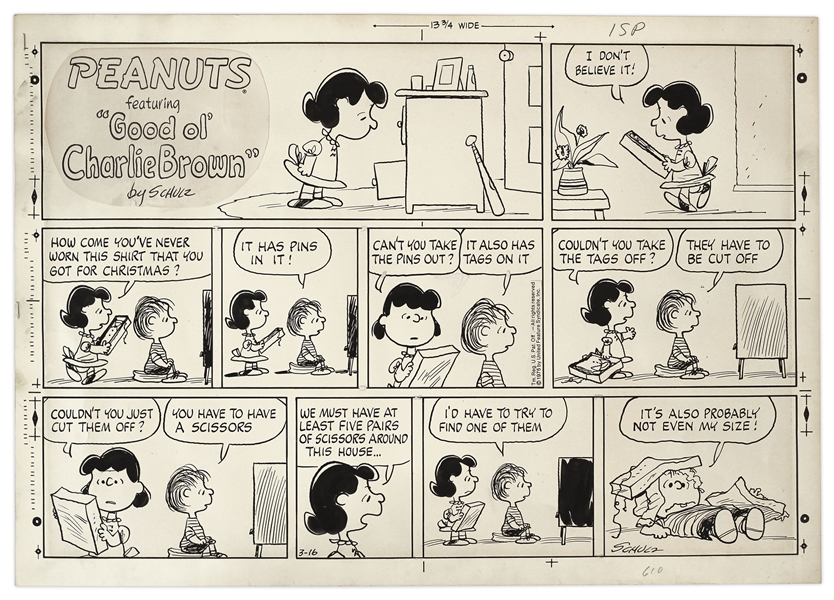 Charles Schulz Hand-Drawn Sunday Peanuts Comic Strip From 1975 -- Featuring Lucy and Her Little Brother Linus