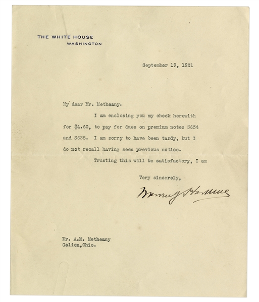 Warren G. Harding 1921 Letter Signed as President on White House Stationery -- Regarding Dues Owed by Harding of Less Than $5.00 -- Dramatic Reminder of the Growth of the Modern Presidency
