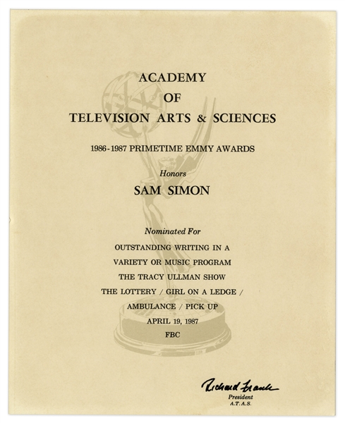 Emmy Nomination Certificate for ''The Tracey Ullman Show'' Given to Sam Simon in 1987 -- From the Sam Simon Estate