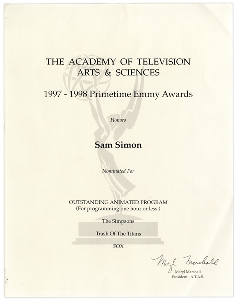 Emmy Nomination Certificate for ''The Simpsons'' Given to Sam Simon in 1998, Co-Creator of the Show -- From the Sam Simon Estate
