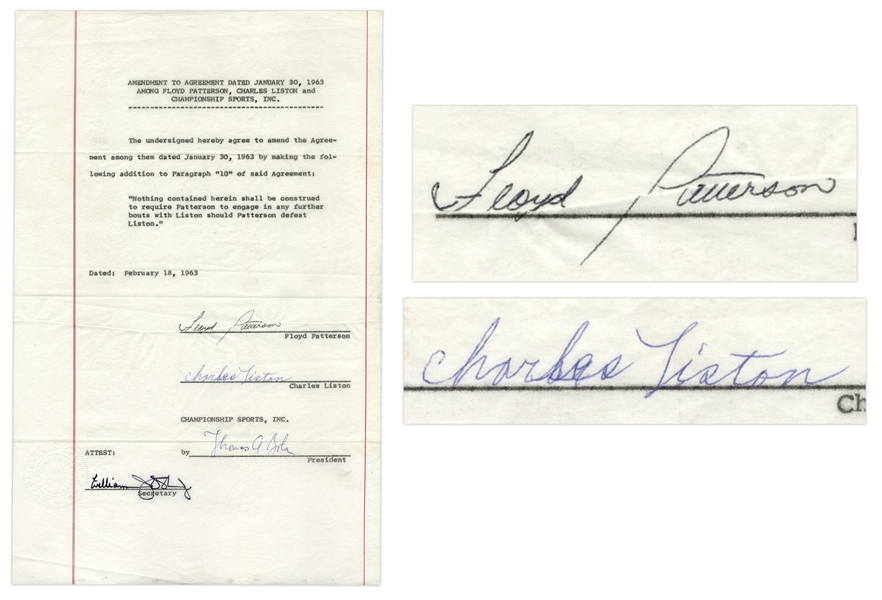 Fight Agreement Signed by Sonny Liston & Floyd Patterson in 1963 -- States No Re-Match Requirement for Patterson If He Wins Fight