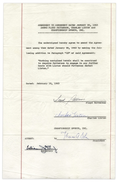 Fight Agreement Signed by Sonny Liston & Floyd Patterson in 1963 -- States No Re-Match Requirement for Patterson If He Wins Fight