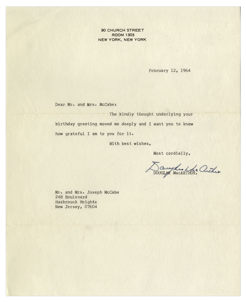 WWII General Douglas MacArthur Typed Letter Signed From 1964 -- Written 2 Months Before His Death