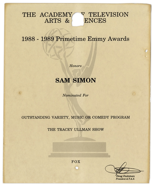 Emmy Nomination for ''The Tracey Ullman Show'' Given to Sam Simon in 1989 -- From the Sam Simon Estate
