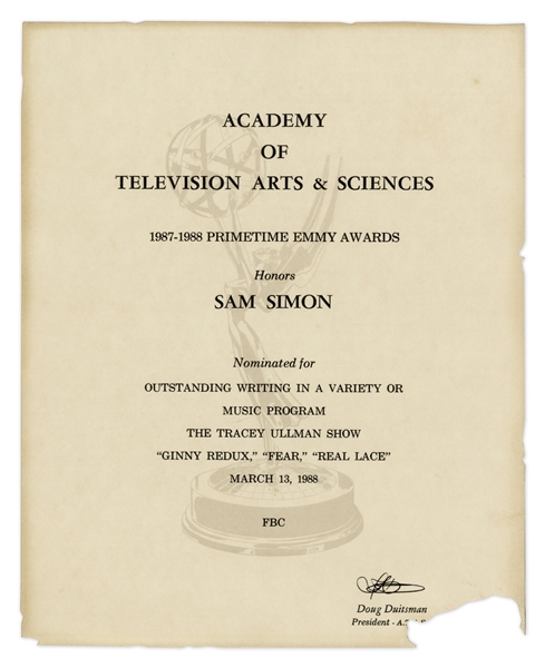 Emmy Nomination for ''The Tracey Ullman Show'' Given to Sam Simon in 1988 -- From the Sam Simon Estate