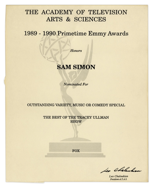 Emmy Nomination for ''The Tracey Ullman Show'' Given to Sam Simon in 1990 -- From the Sam Simon Estate