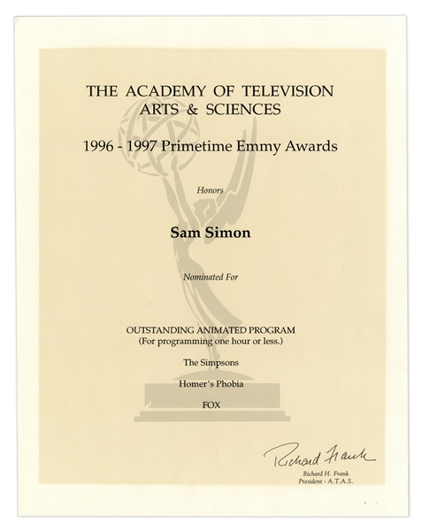 Emmy Nomination for ''The Simpsons'' Given to Sam Simon in 1997 for Episode ''Homer's Phobia'' -- From the Sam Simon Estate